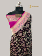 Black Contrast Pure Khaddi Georgette Silk Meenakari Handloom Banarasi Saree - Water Zari