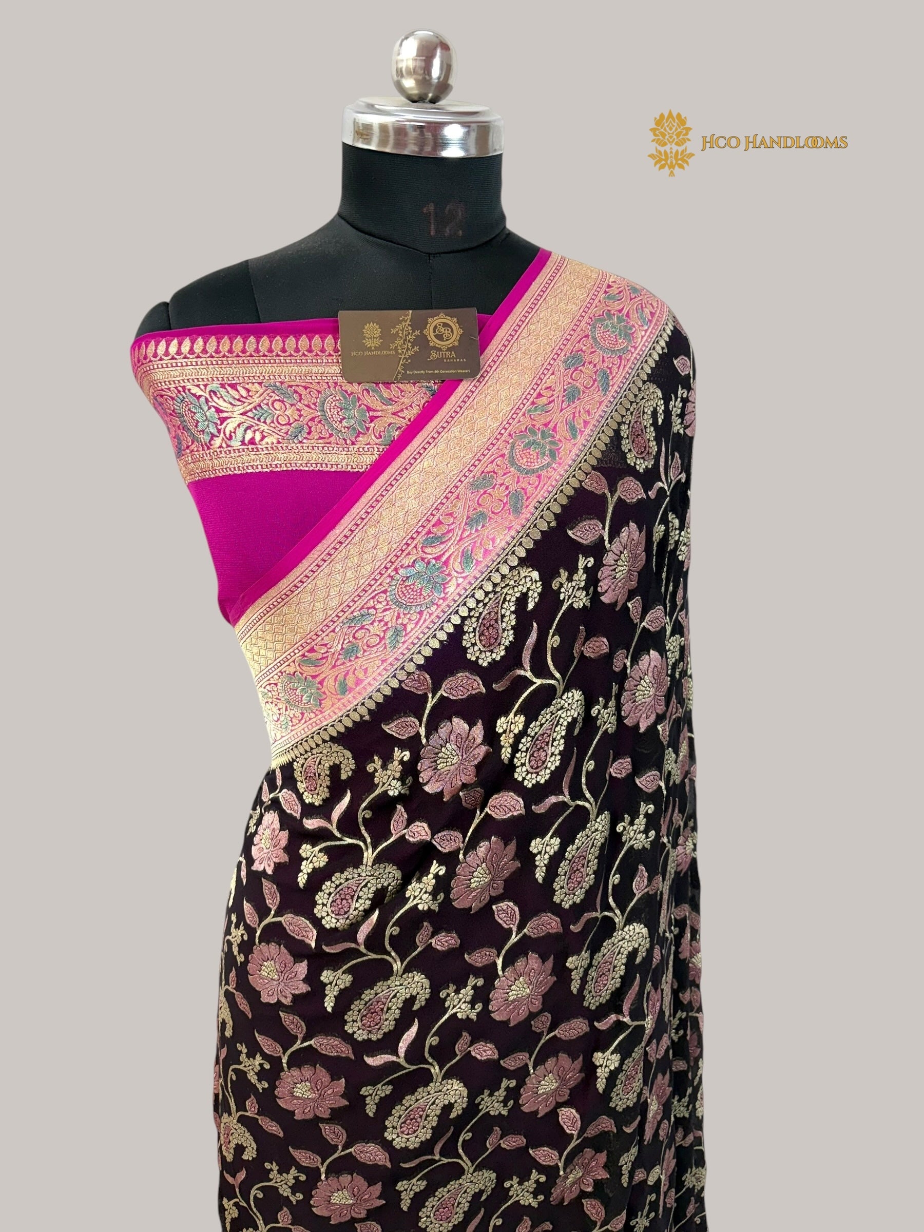 Black Contrast Pure Khaddi Georgette Silk Meenakari Handloom Banarasi Saree - Water Zari