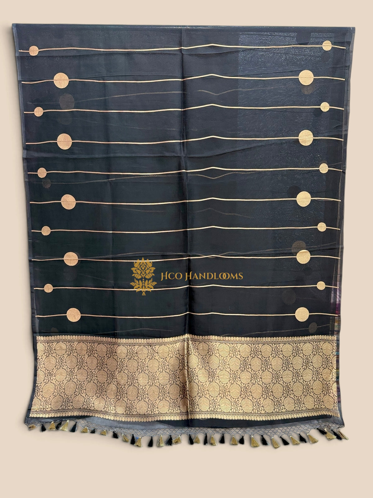 Jet black Pure Kora Silk Handloom Banarasi Saree - Zari Lines