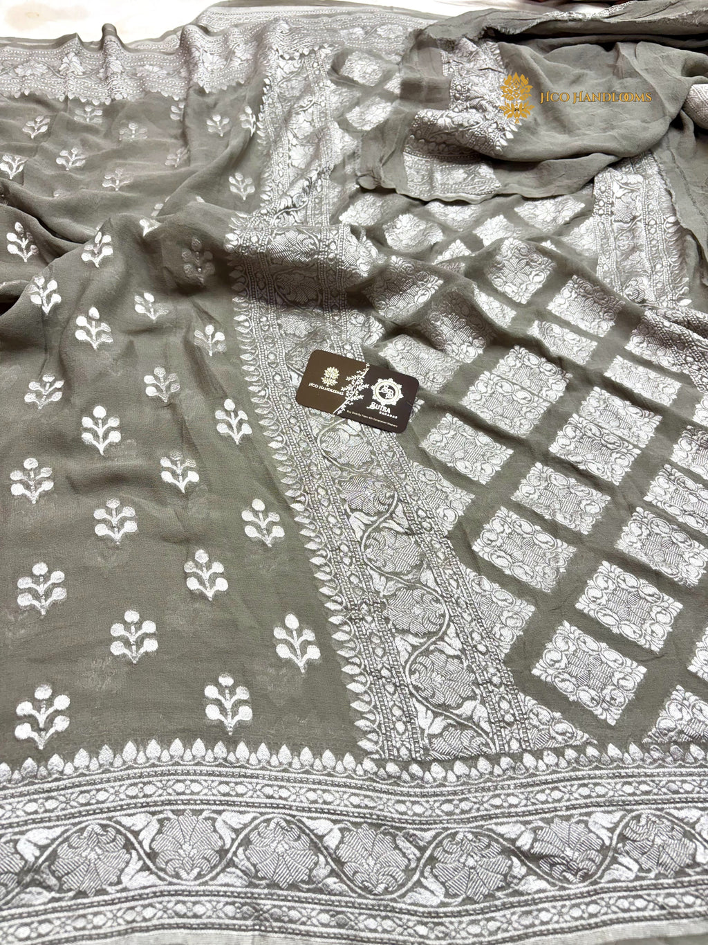 Gray Pure Khaddi Georgette Silk Handloom Banarasi Saree