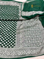 Bottle Green Pure Khaddi Georgette Silk Handloom Banarasi Saree