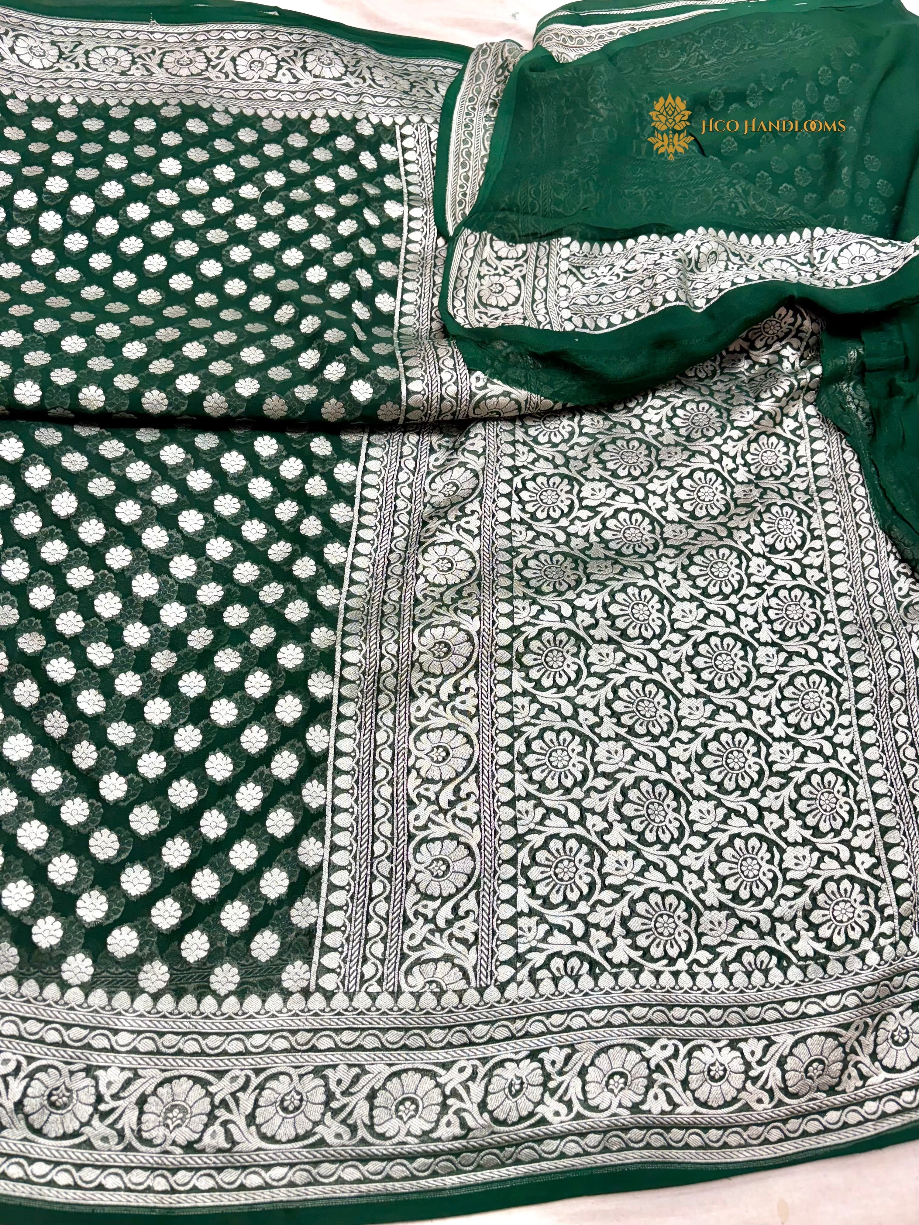 Bottle Green Pure Khaddi Georgette Silk Handloom Banarasi Saree