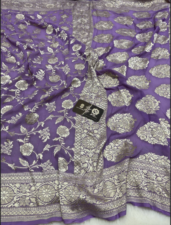 Lavender Pure Khaddi Georgette Silk handloom Banarasi Saree - Water Zari