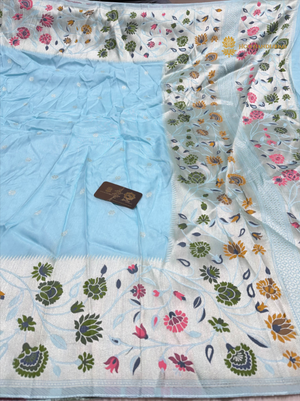 Light Blue Matka Tussar Silk Banarasi Saree - All Over Motifs & Paithani