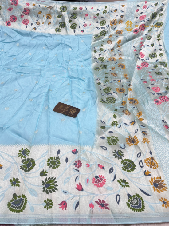 Light Blue Matka Tussar Silk Banarasi Saree - All Over Motifs & Paithani