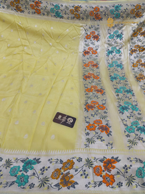 Pastel Yellow Matka Tussar Silk Banarasi Saree - All Over Motifs & Paithani