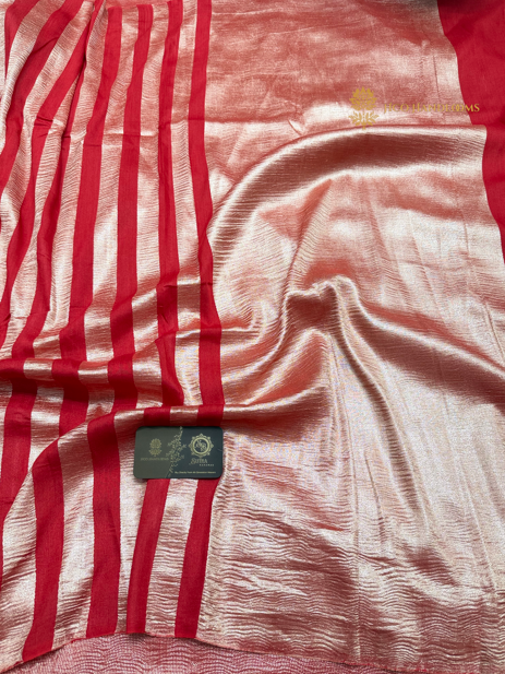 Red Pure Moonga Silk Handloom Banarasi Saree - All Over Stripes