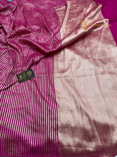 Rani Pink Pure Moonga Silk Handloom Banarasi Saree - All Over Stripes