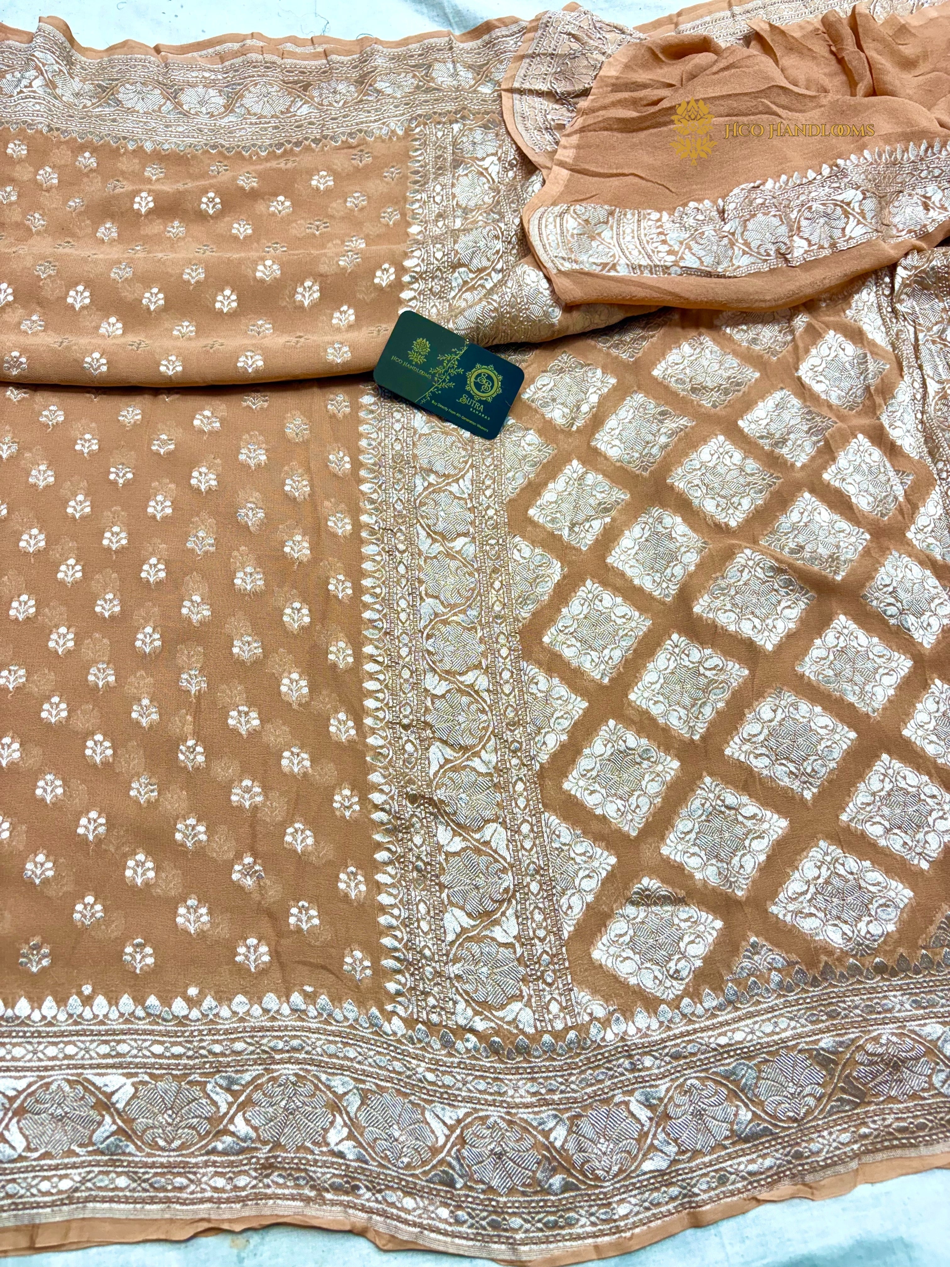 Peach Pure Khaddi Georgette Silk Handloom Banarasi Saree