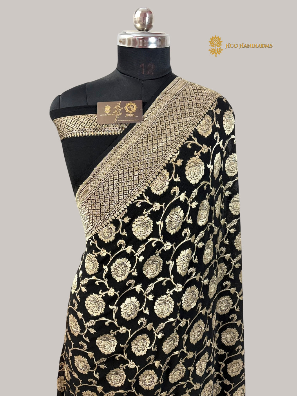 Black Pure Khaddi Georgette Silk handloom Banarasi Saree - Water Zari