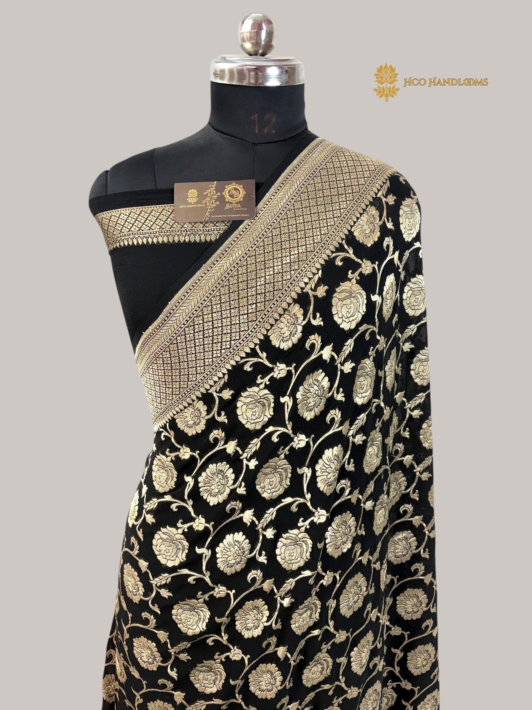 Black Pure Khaddi Georgette Silk handloom Banarasi Saree - Water Zari
