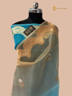 Half Brown & Half Blue Pure  Kora Silk Handloom Banarasi Saree - All Over Meenakari Kadua Motifs
