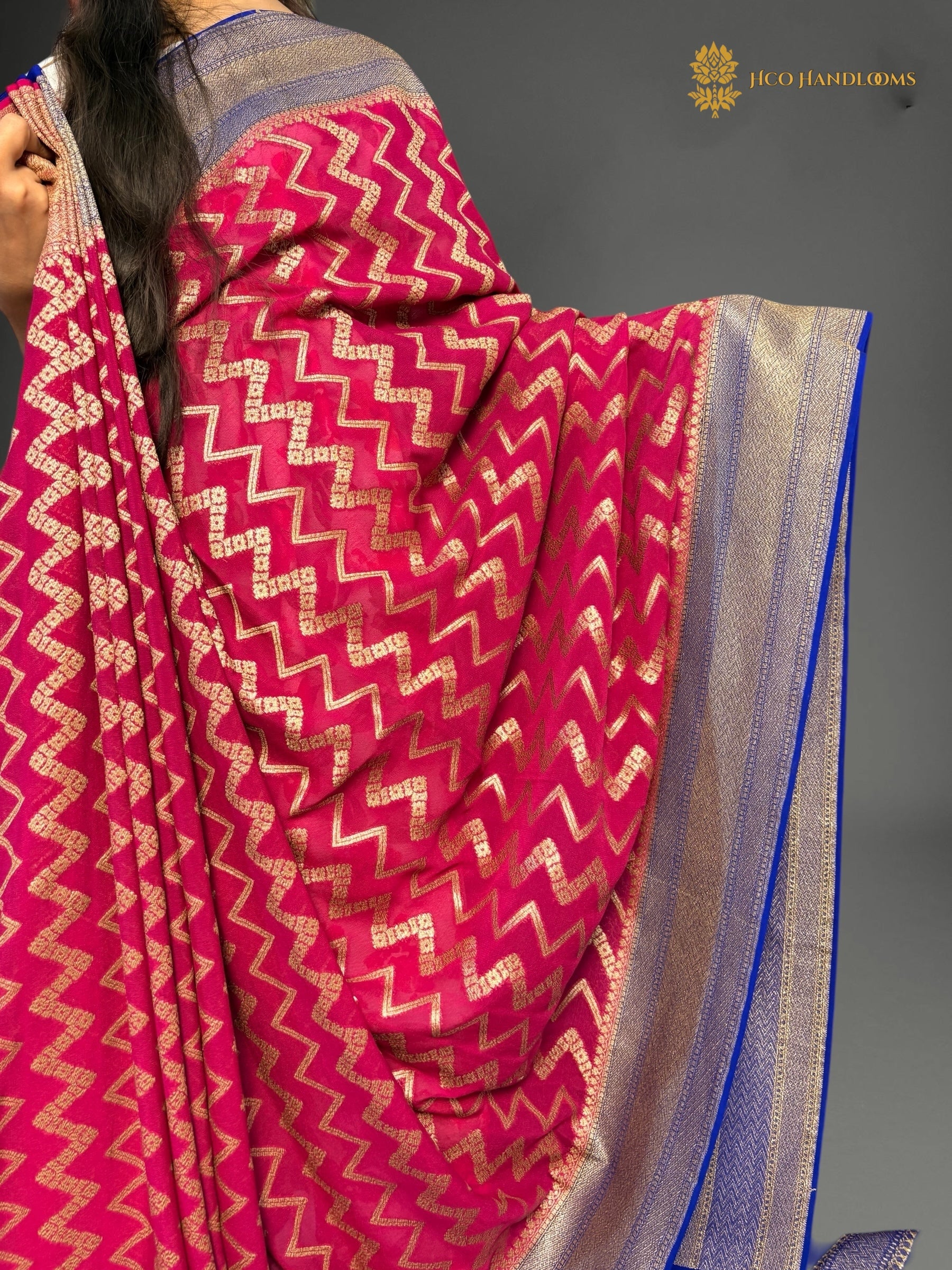 Pure Khaddi Georgette Silk Handloom Banarasi Saree With Zig-Zag Design