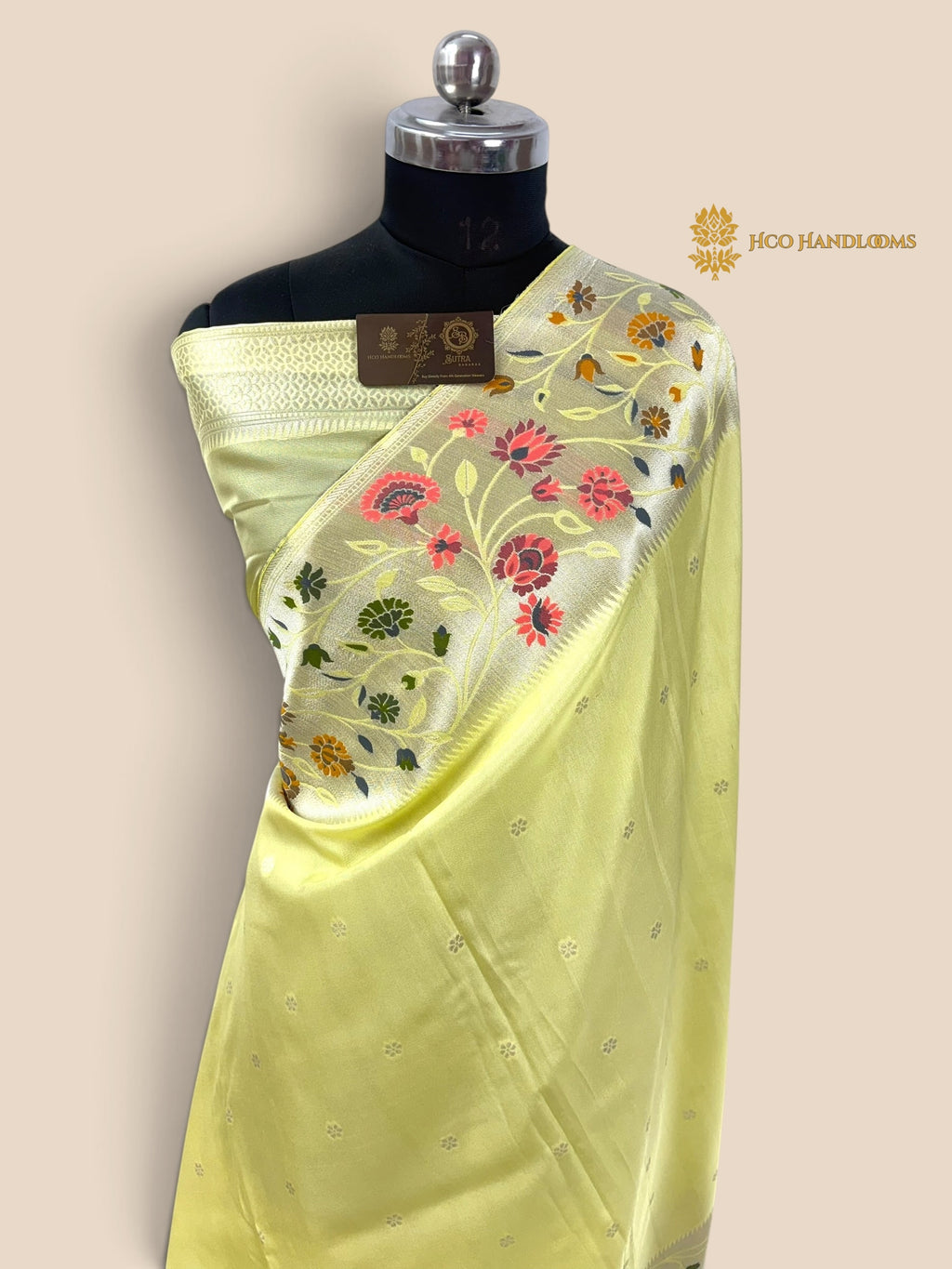 Pastel Lime Matka Tussar Silk Banarasi Saree - All Over Motifs & Paithani