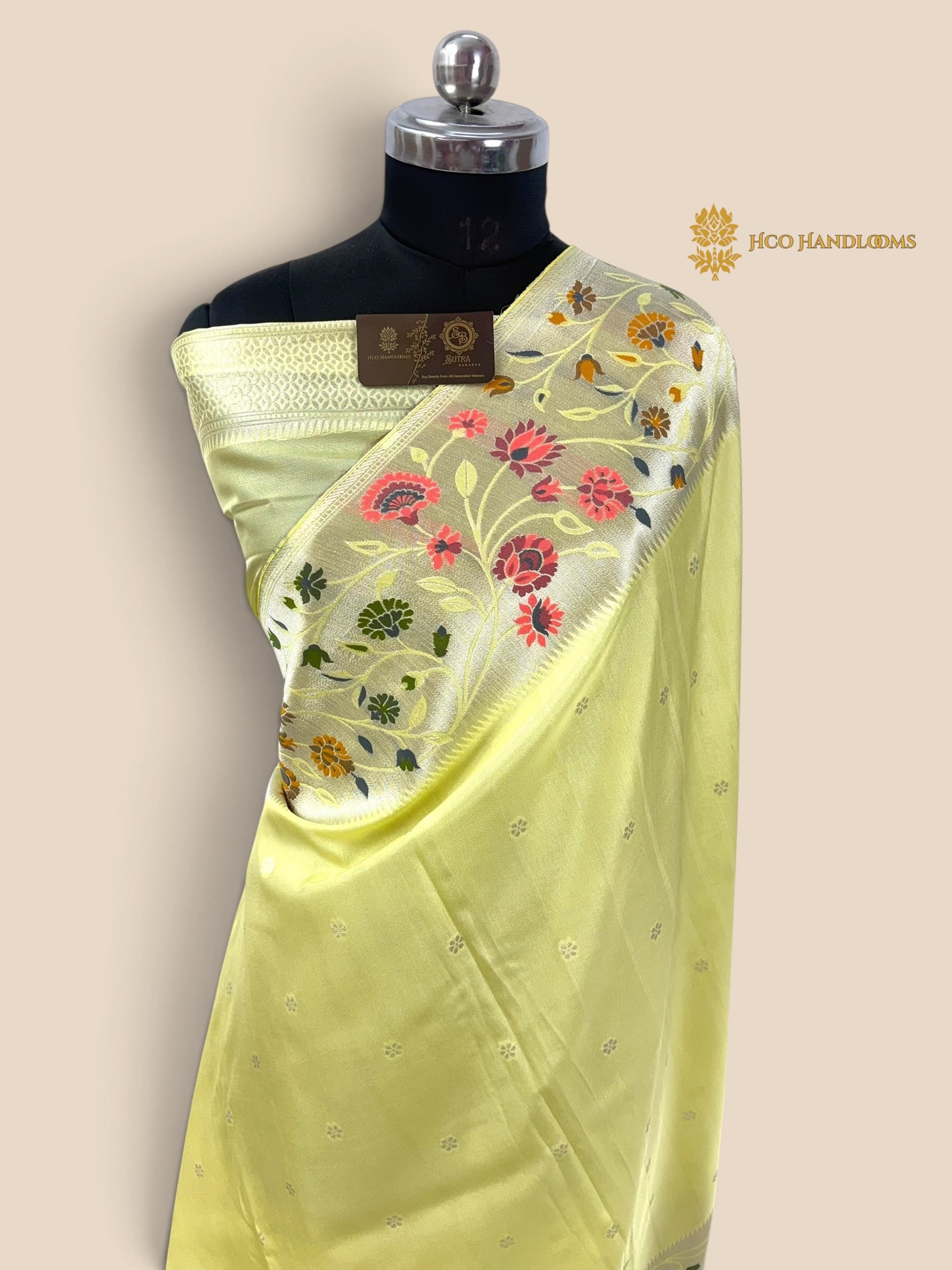 Pastel Lime Matka Tussar Silk Banarasi Saree - All Over Motifs & Paithani