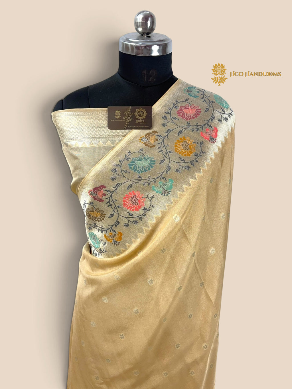 Ivory Matka Tussar Silk Banarasi Saree - All Over Motifs & Paithani