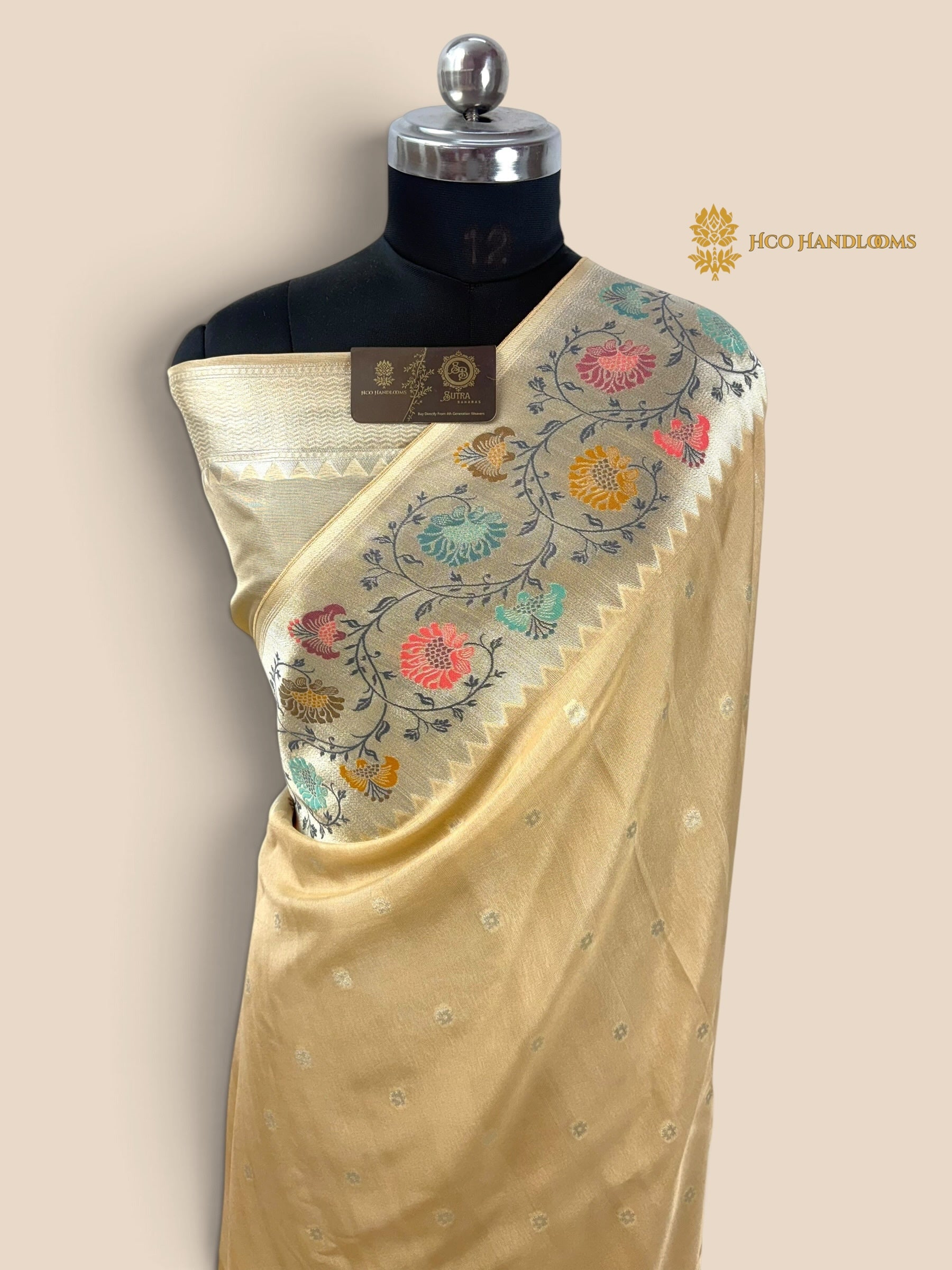 Ivory Matka Tussar Silk Banarasi Saree - All Over Motifs & Paithani