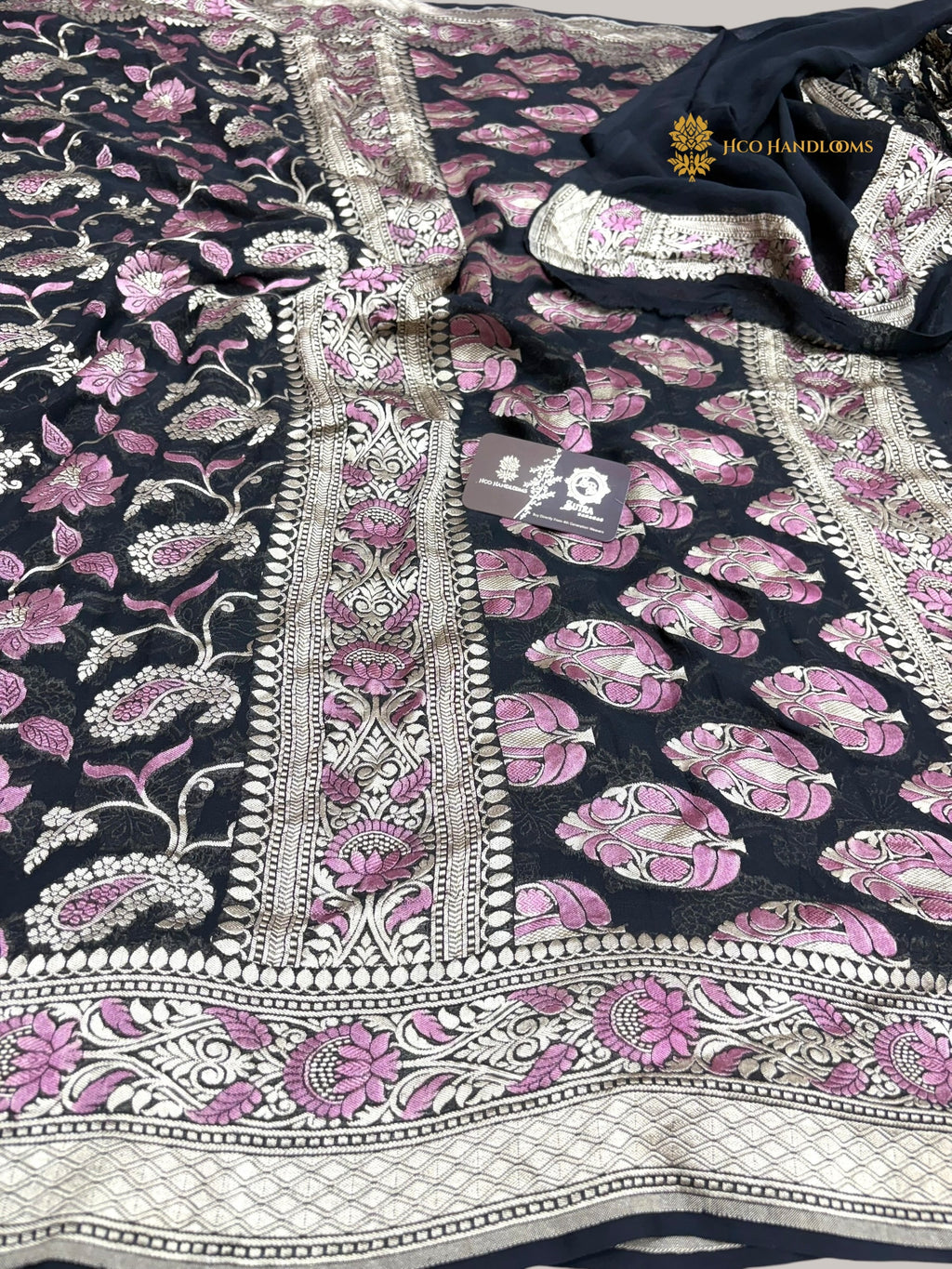Black Pure Khaddi Georgette Silk Meenakari Handloom Banarasi Saree - Water Zari