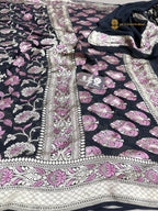 Black Pure Khaddi Georgette Silk Meenakari Handloom Banarasi Saree - Water Zari
