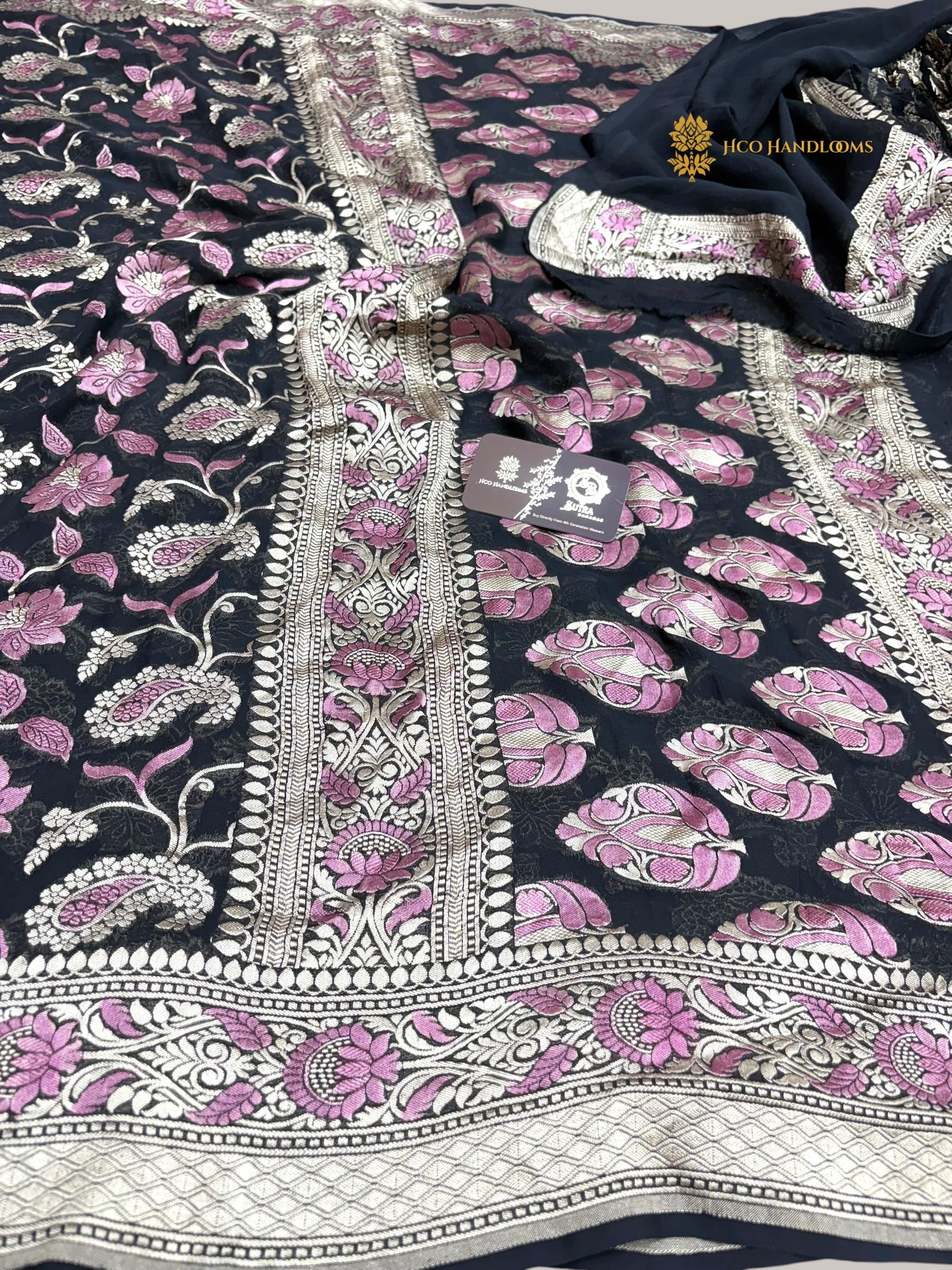 Black Pure Khaddi Georgette Silk Meenakari Handloom Banarasi Saree - Water Zari