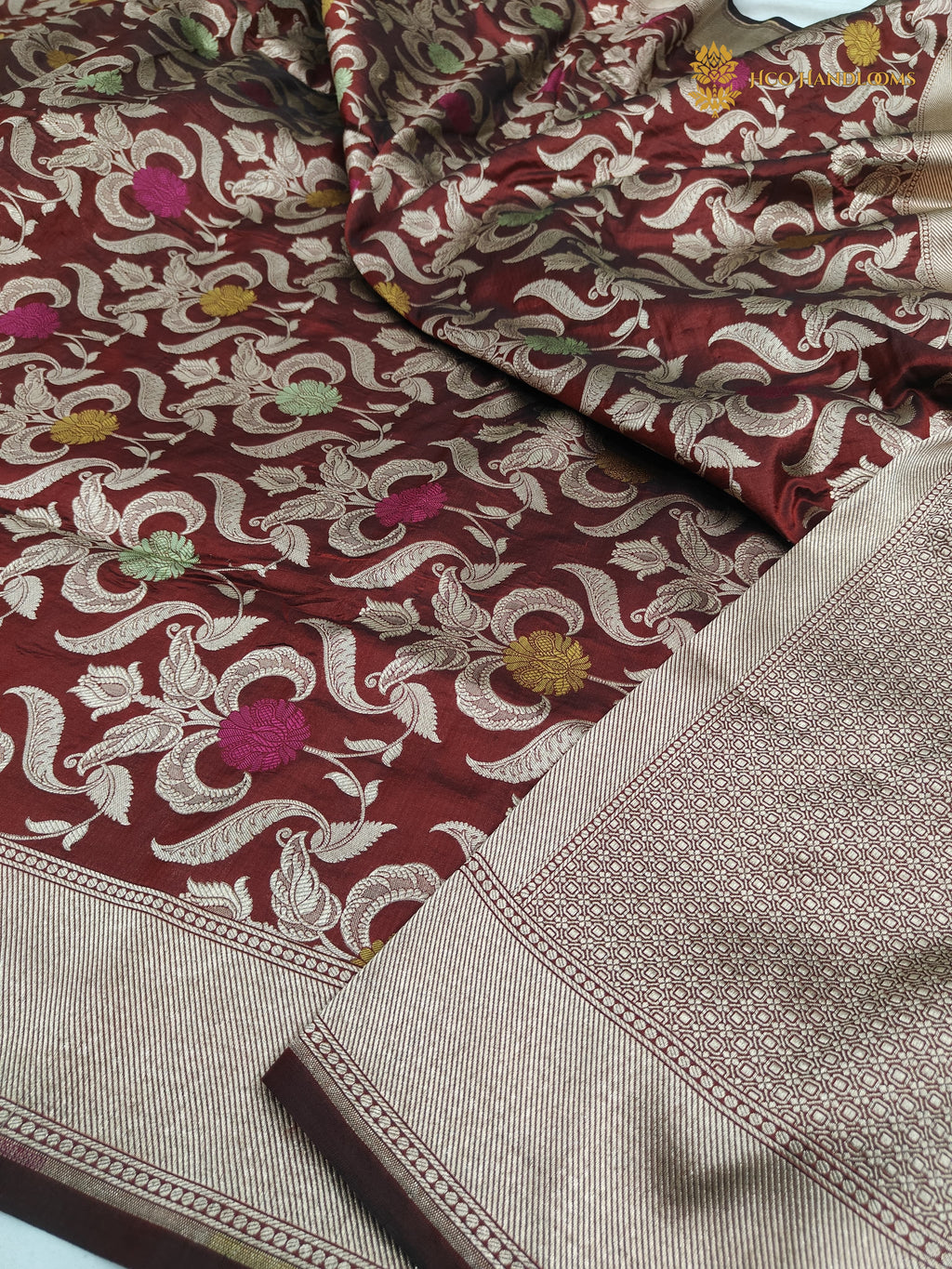 Maroon Pure Katan Silk Handloom Banarasi Saree - All Over Meenakari Brocade Jangla