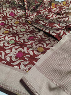 Maroon Pure Katan Silk Handloom Banarasi Saree - All Over Meenakari Brocade Jangla