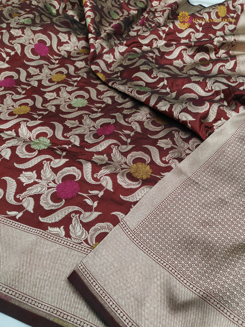 Maroon Pure Katan Silk Handloom Banarasi Saree - All Over Meenakari Brocade Jangla