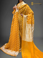 Gold Pure Khaddi Georgette Silk Handloom Banarasi Saree - Silver Zari