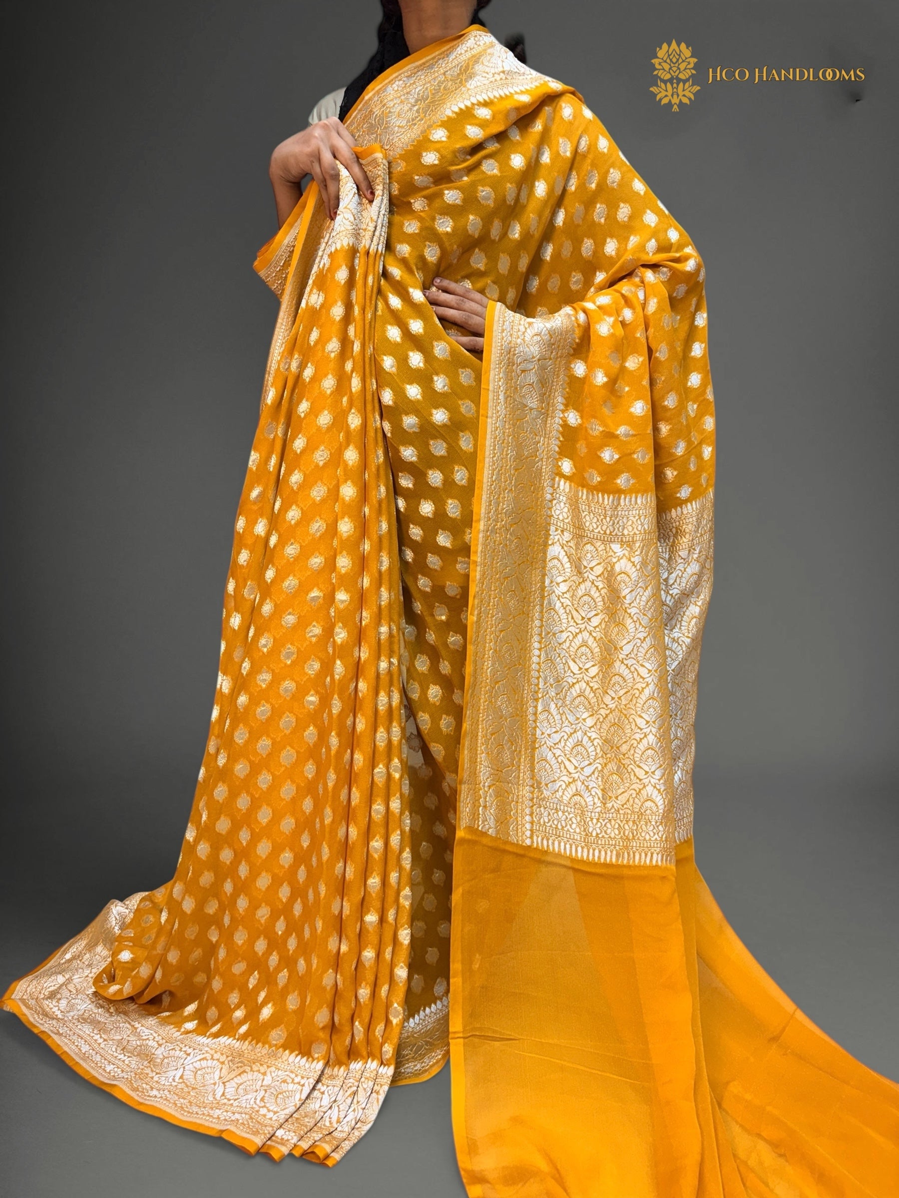 Gold Pure Khaddi Georgette Silk Handloom Banarasi Saree - Silver Zari