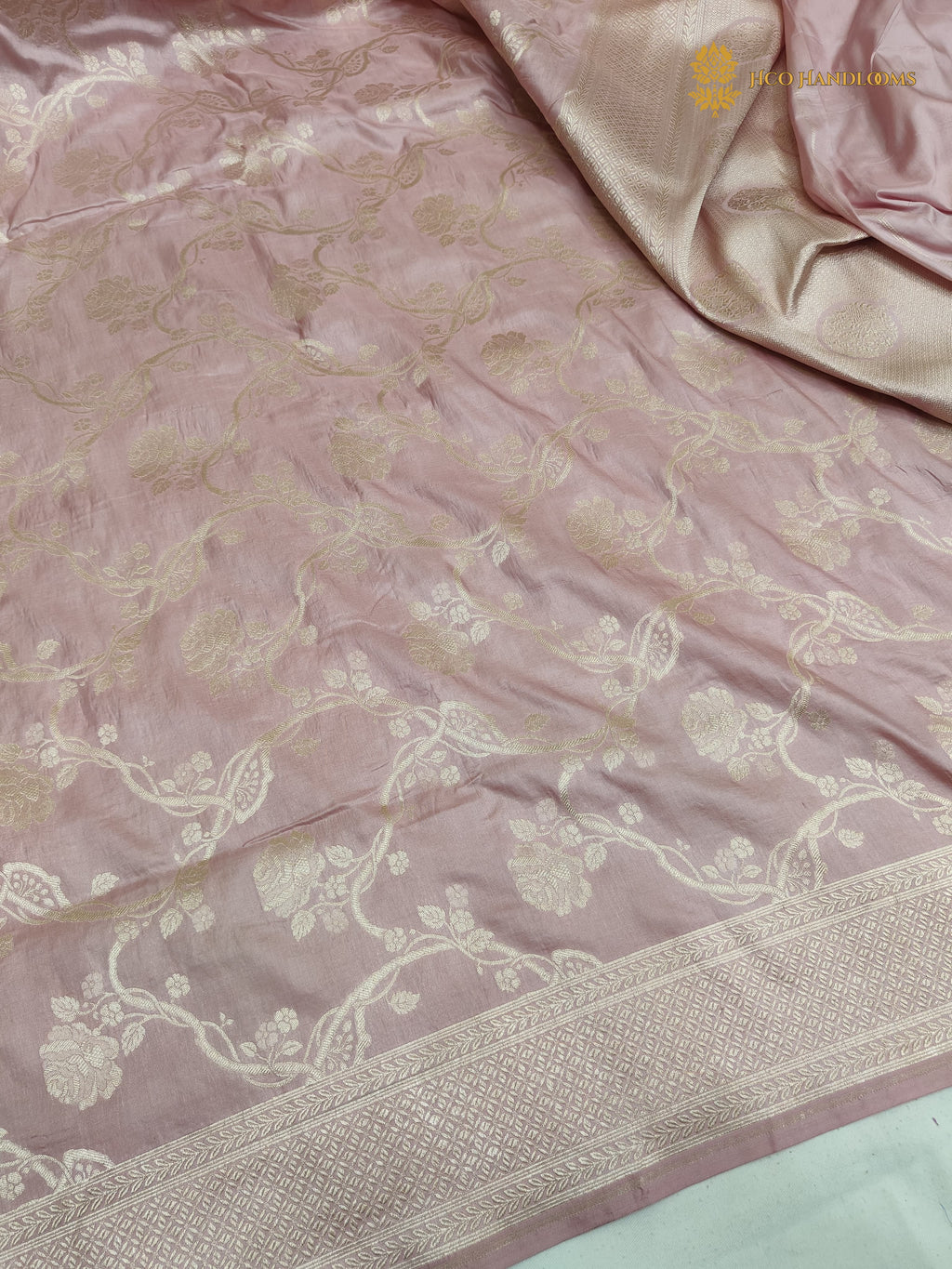 Pastel Pink Pure Katan Silk Handloom Banarasi Saree - All Over Floral Vines