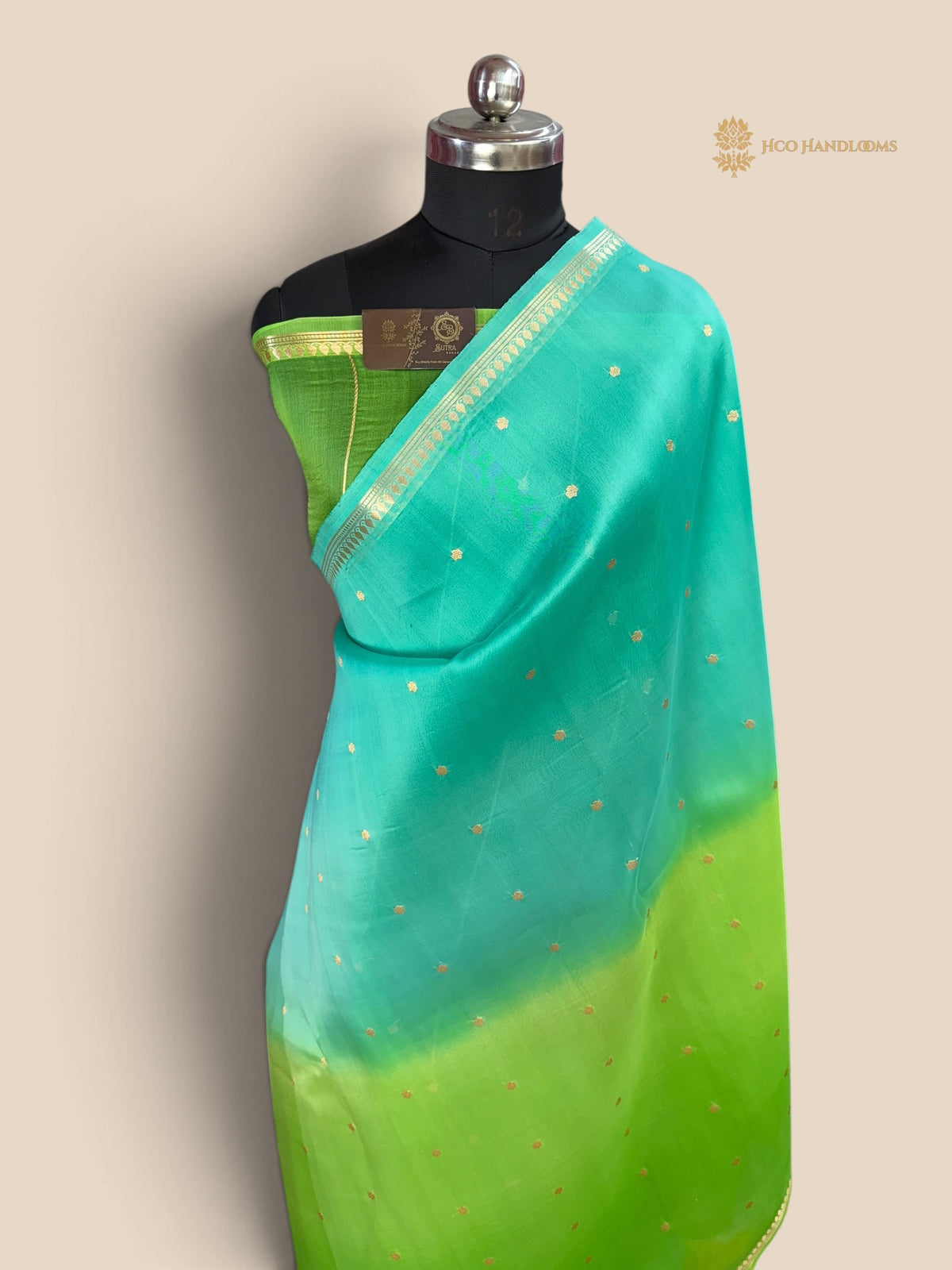 Green & Blue Pure Kora Silk Handloom Banarasi Saree - All Over Small Buti