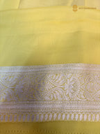 Pure Khaddi Georgette Silk Handloom Banarasi Saree With Bottle Green & Light Yellow Contrast