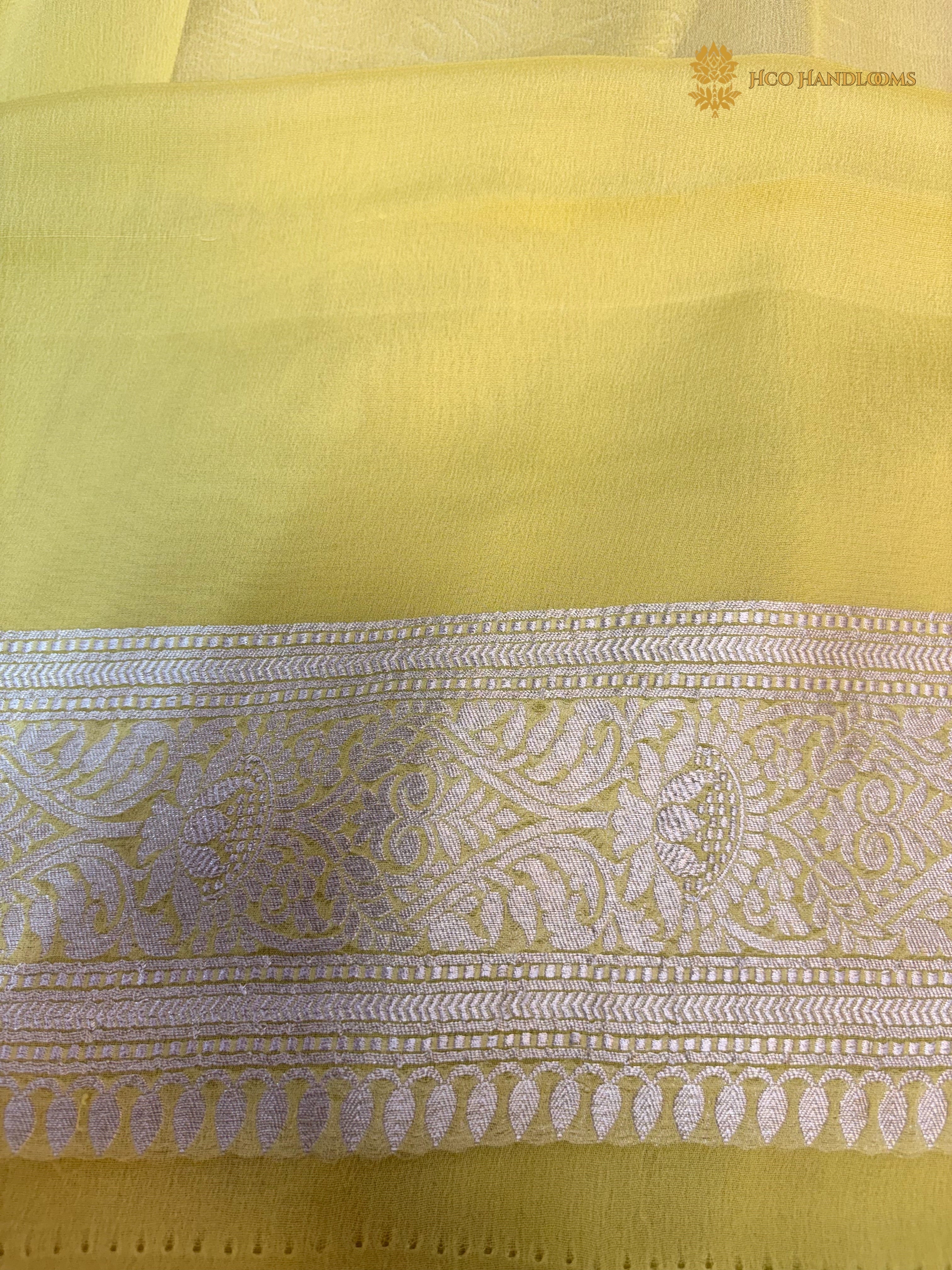 Pure Khaddi Georgette Silk Handloom Banarasi Saree With Bottle Green & Light Yellow Contrast