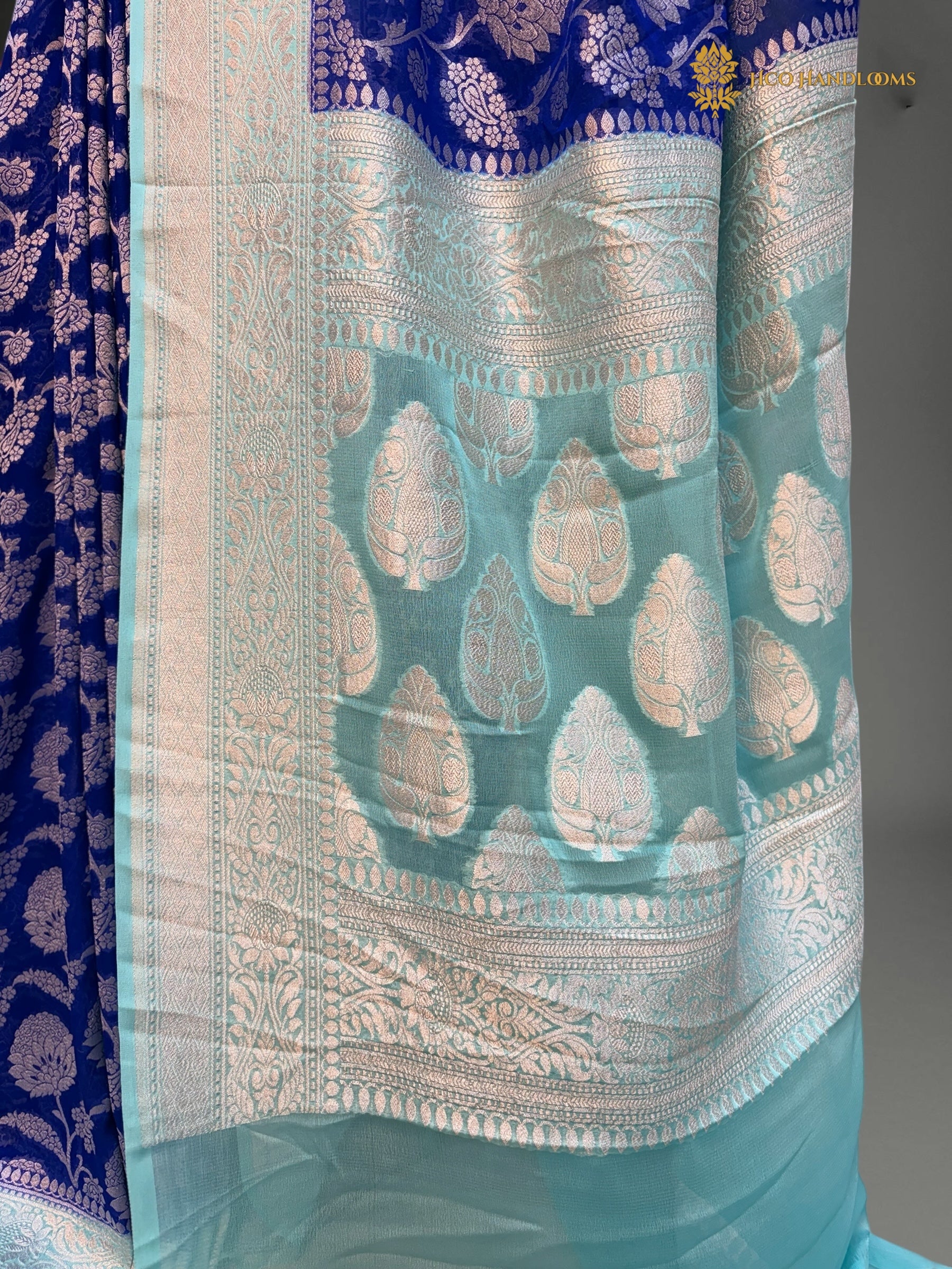 Pure Khaddi Georgette Silk Handloom Banarasi Saree With Royal Blue & Light Blue Contrast