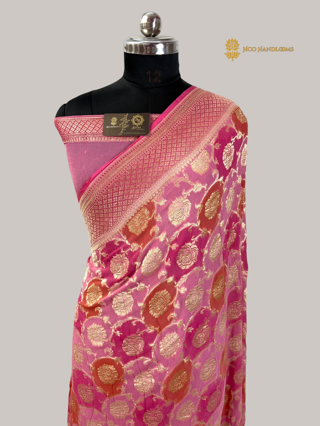 Pink Pure Khaddi Georgette Silk  Rangkat Handloom Banarasi Saree - Water Zari
