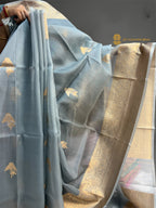 Regal Light Blue Pure Kora Silk Handloom Banrasi Saree - All Over Kadhua Motifs