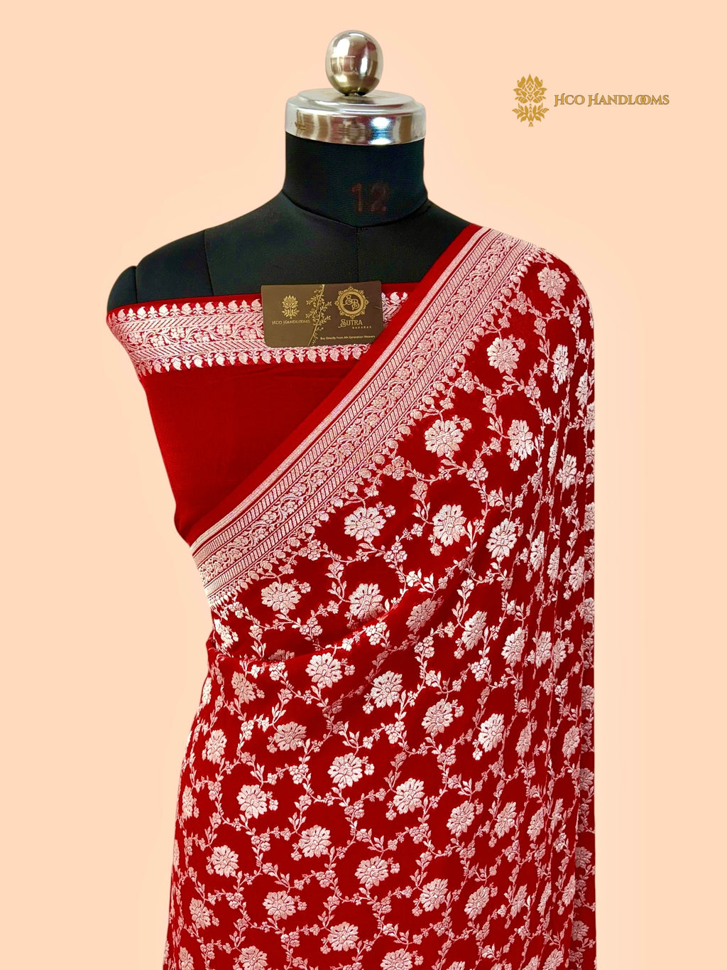Red Pure Khaddi Georgette Silk Handloom Banarasi Saree - All Over Jaal