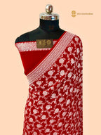 Red Pure Khaddi Georgette Silk Handloom Banarasi Saree - All Over Jaal