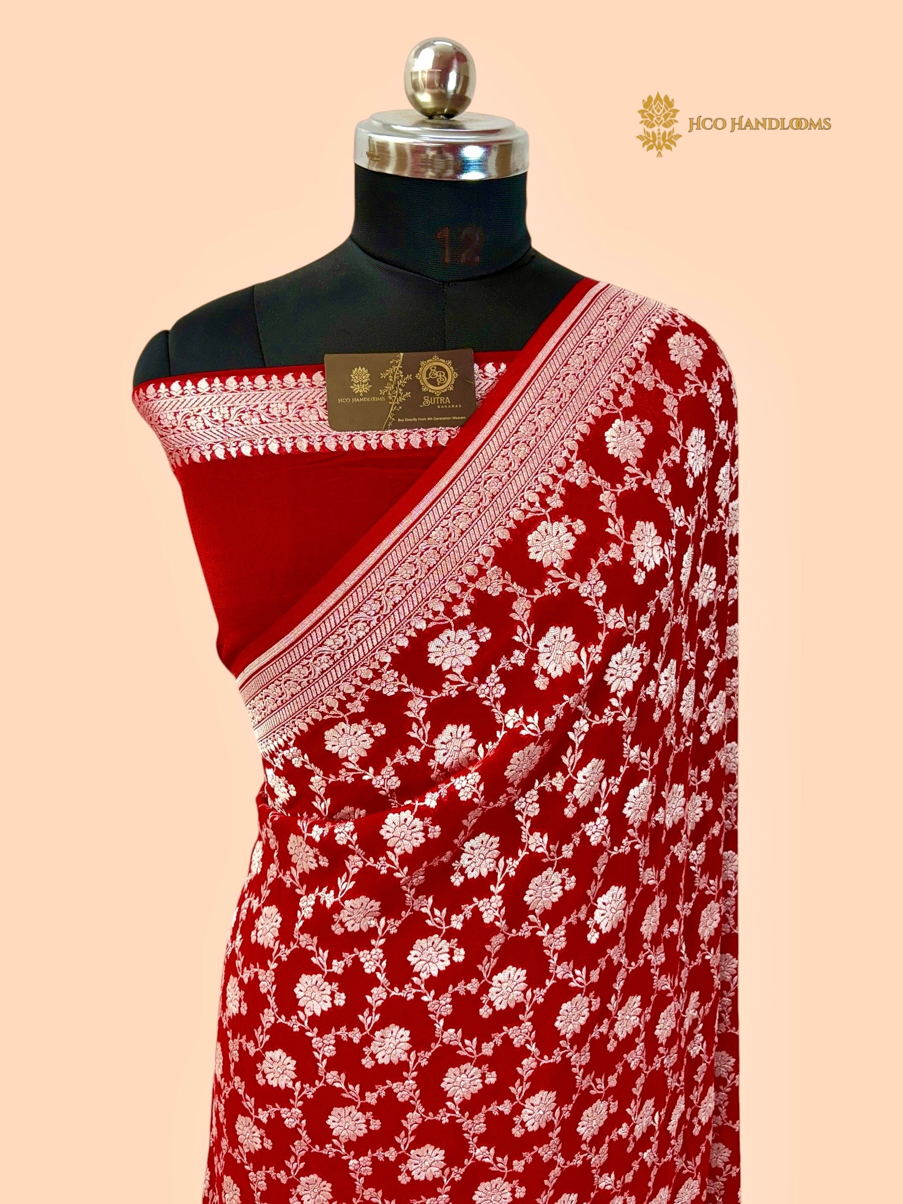 Red Pure Khaddi Georgette Silk Handloom Banarasi Saree - All Over Jaal
