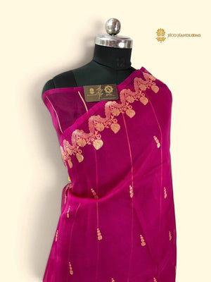 Rani Pink Pure Kora Silk Handloom Banarasi Saree - All Over Kadhua Motifs & Skirt Border