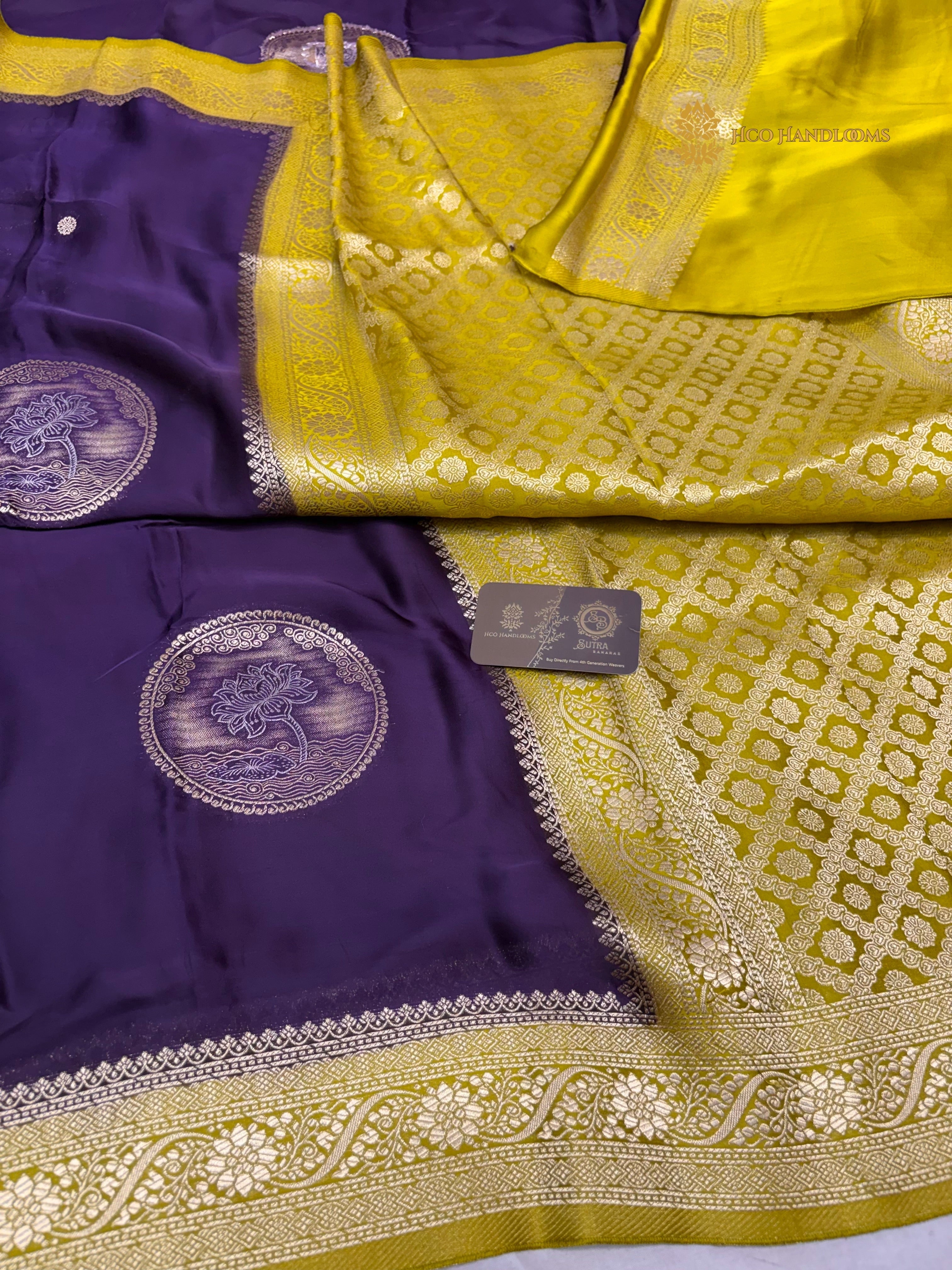 Premium Mashru Crepe Silk Banarasi Saree - All Over Lotus Motifs