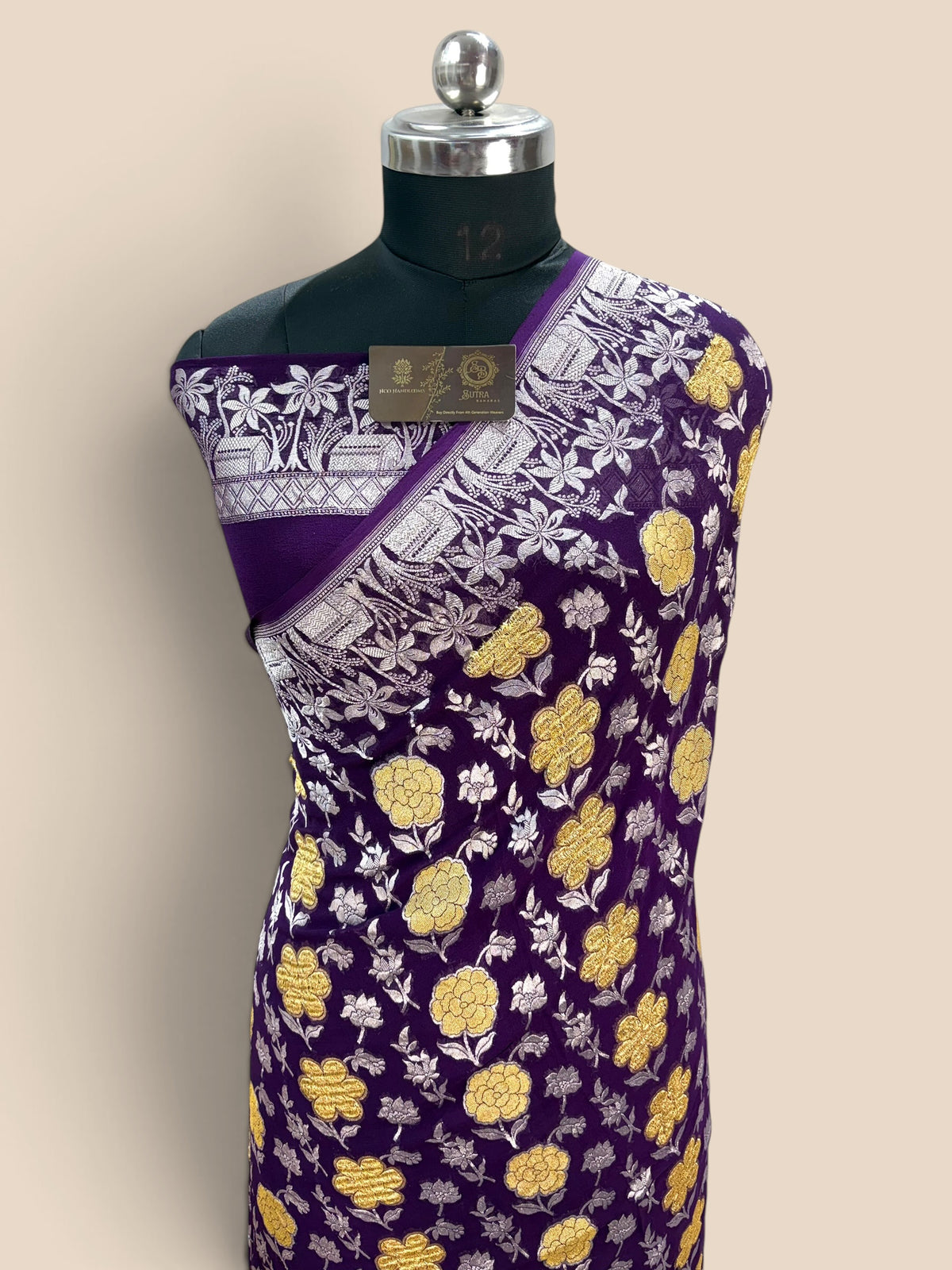 Purple Pure Khaddi Georgette Silk handloom Banarasi Saree - Silver Zari