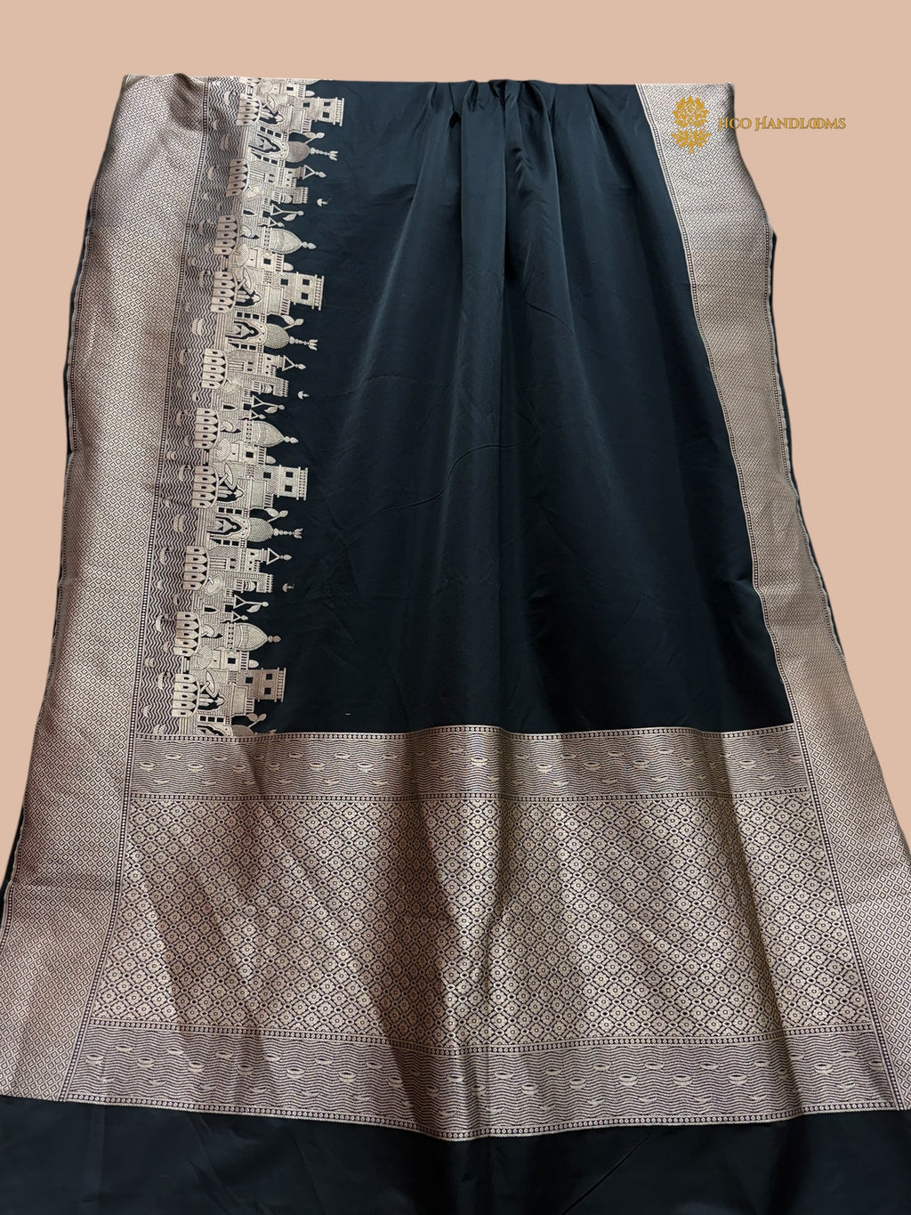 Regal Black Premium Mashru Katan Silk Banarasi Saree - Ganga Ghat Design