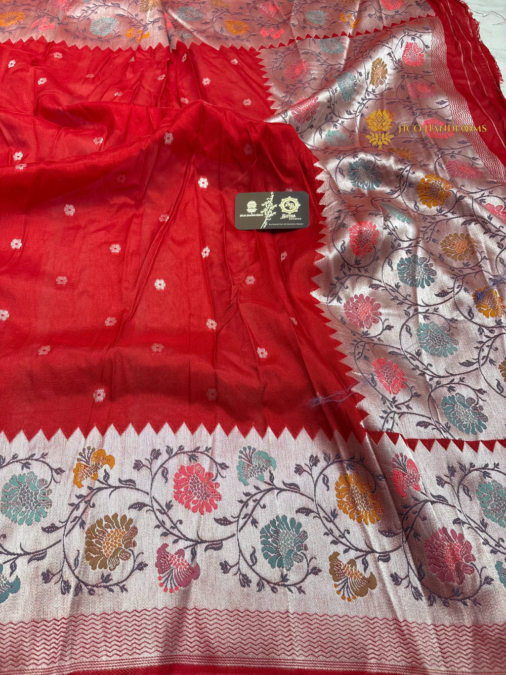 Red Matka Tussar Silk Banarasi Saree - All Over Motifs & Paithani