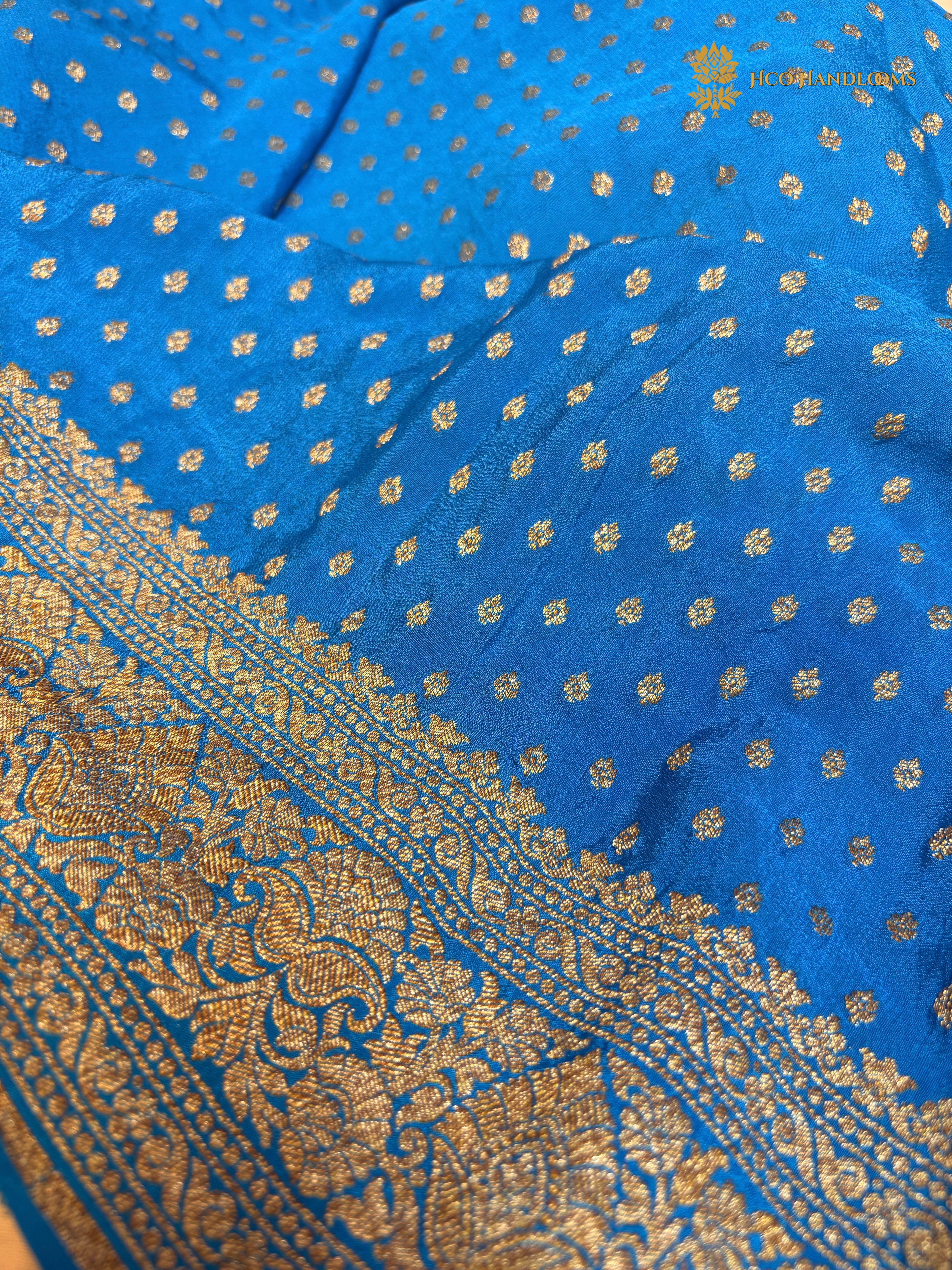 Blue Pure Khaddi Crepe Georgette Silk Handloom Banarasi Saree - Antique Zari