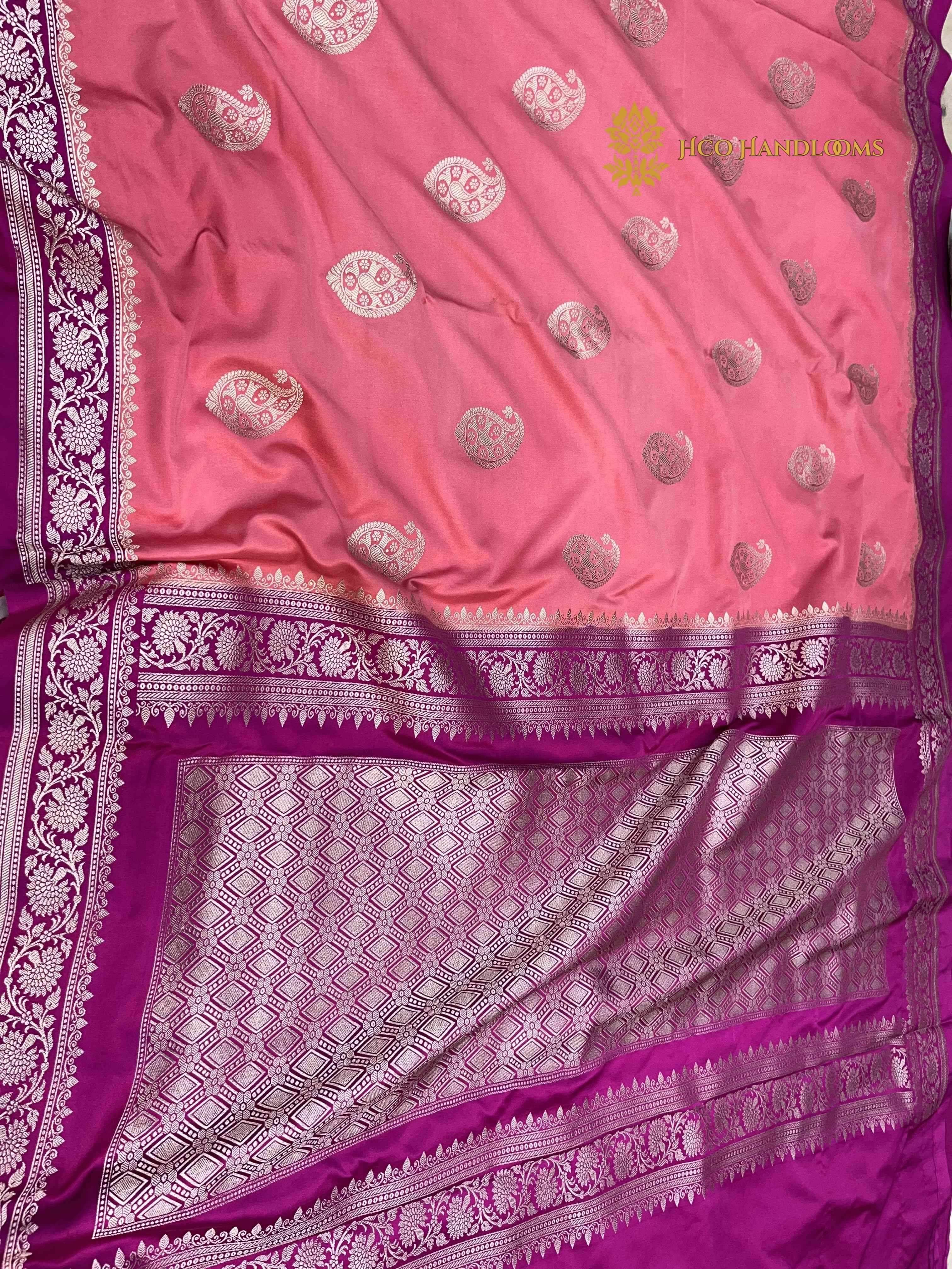 Pink Premium Mashru Katan Silk Banarasi Saree - All Over Paisley Motifs