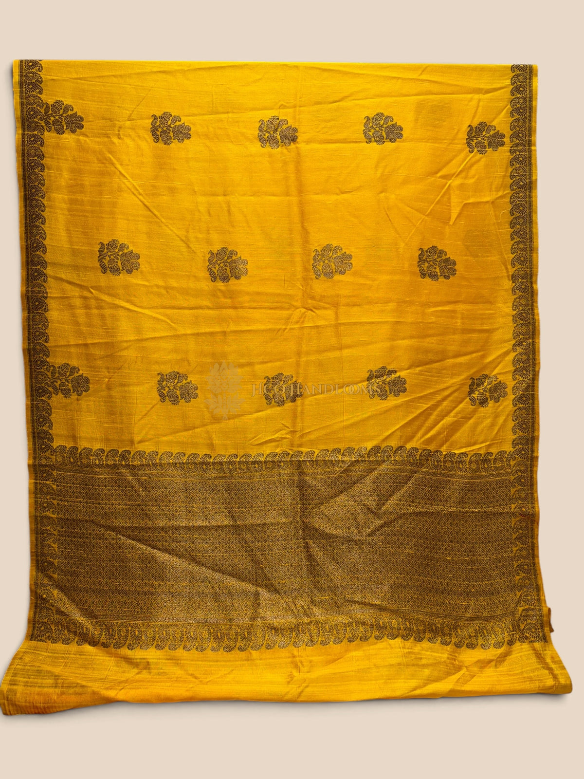 Yellow Pure Raw Tussar Silk Handloom Banarasi Saree - Kadhua Motifs
