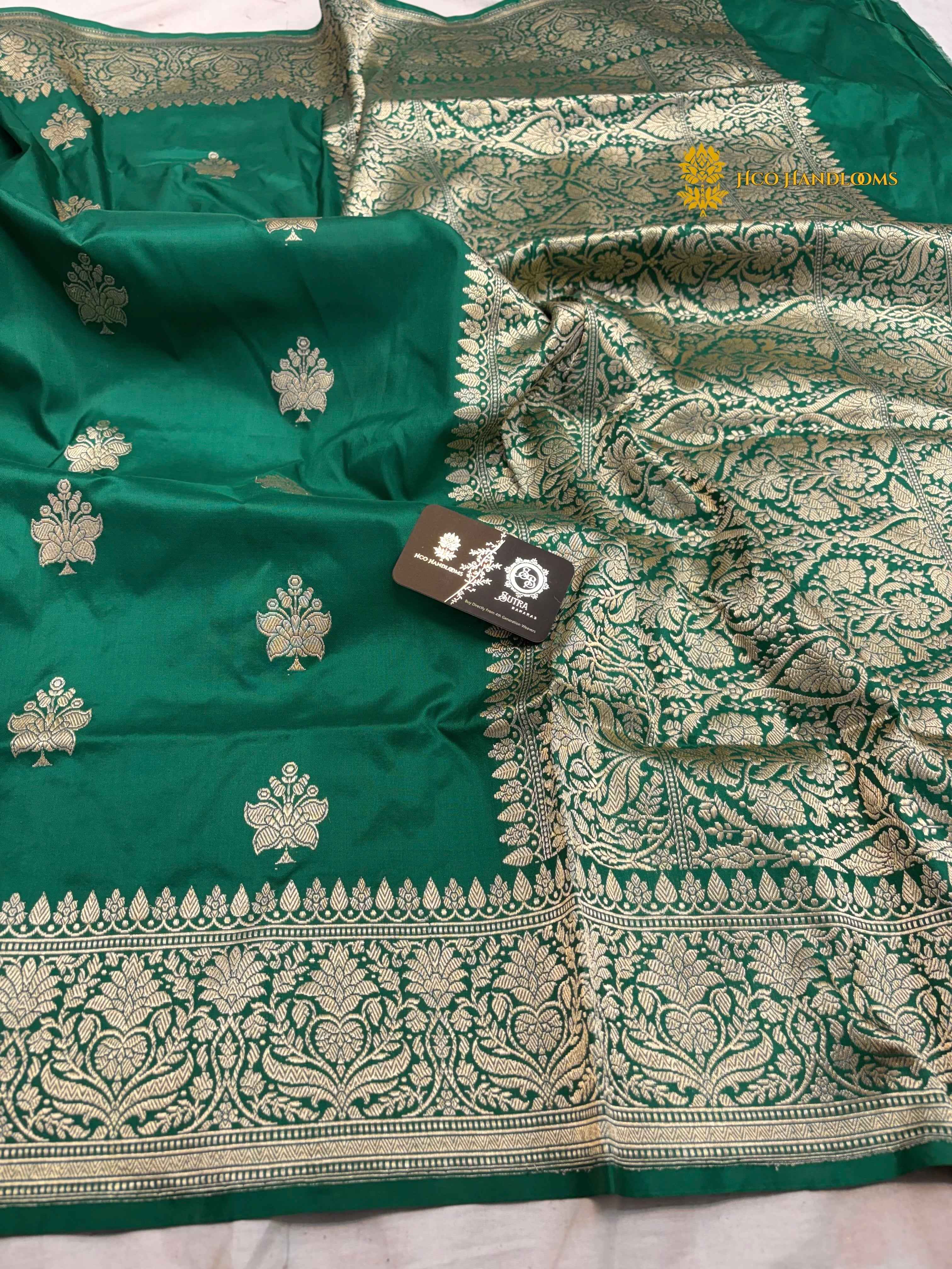 Regal Green Pure Katan Silk Handloom banarasi saree - All Over Kadhua Motifs