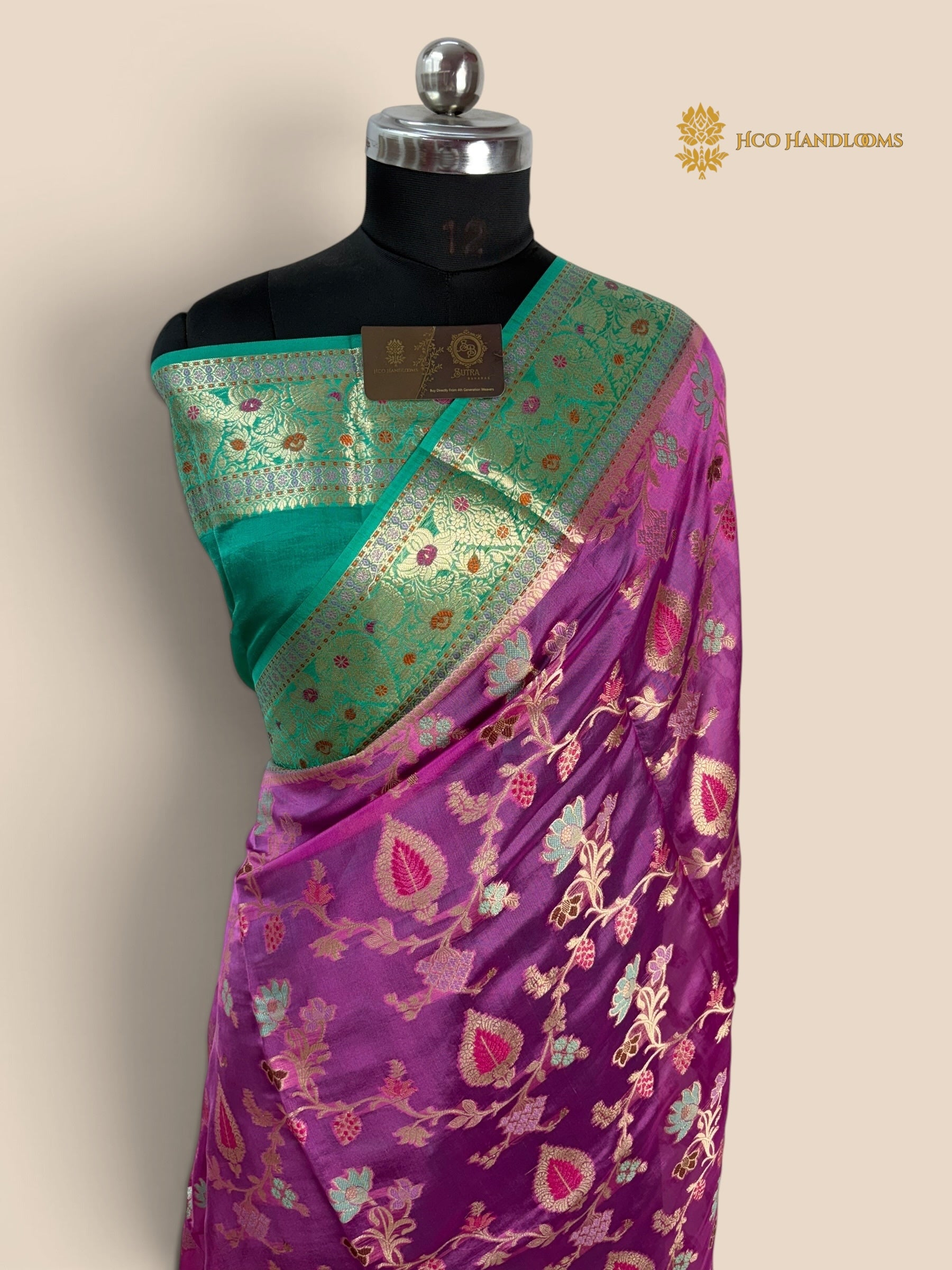 Contrast Pure Mango Katan Silk Banarasi Saree - All Over Meenakari Jaal