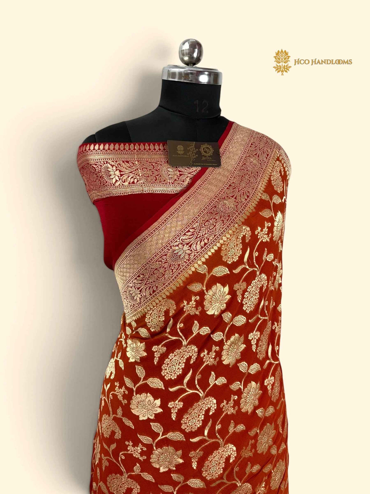 Orange & Red Pure Khaddi Georgette Silk Handloom Banarasi Saree